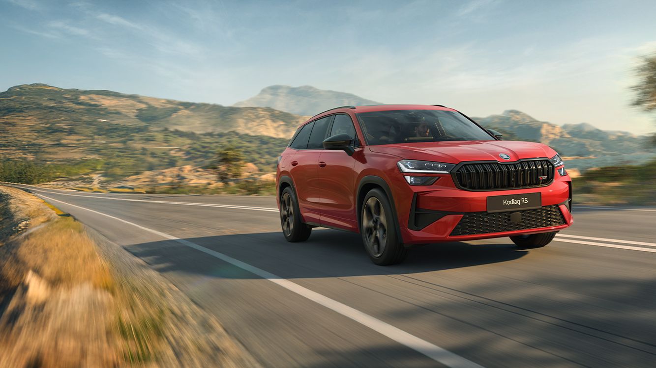 Dynamic shot of red Skoda Kodiaq RS 