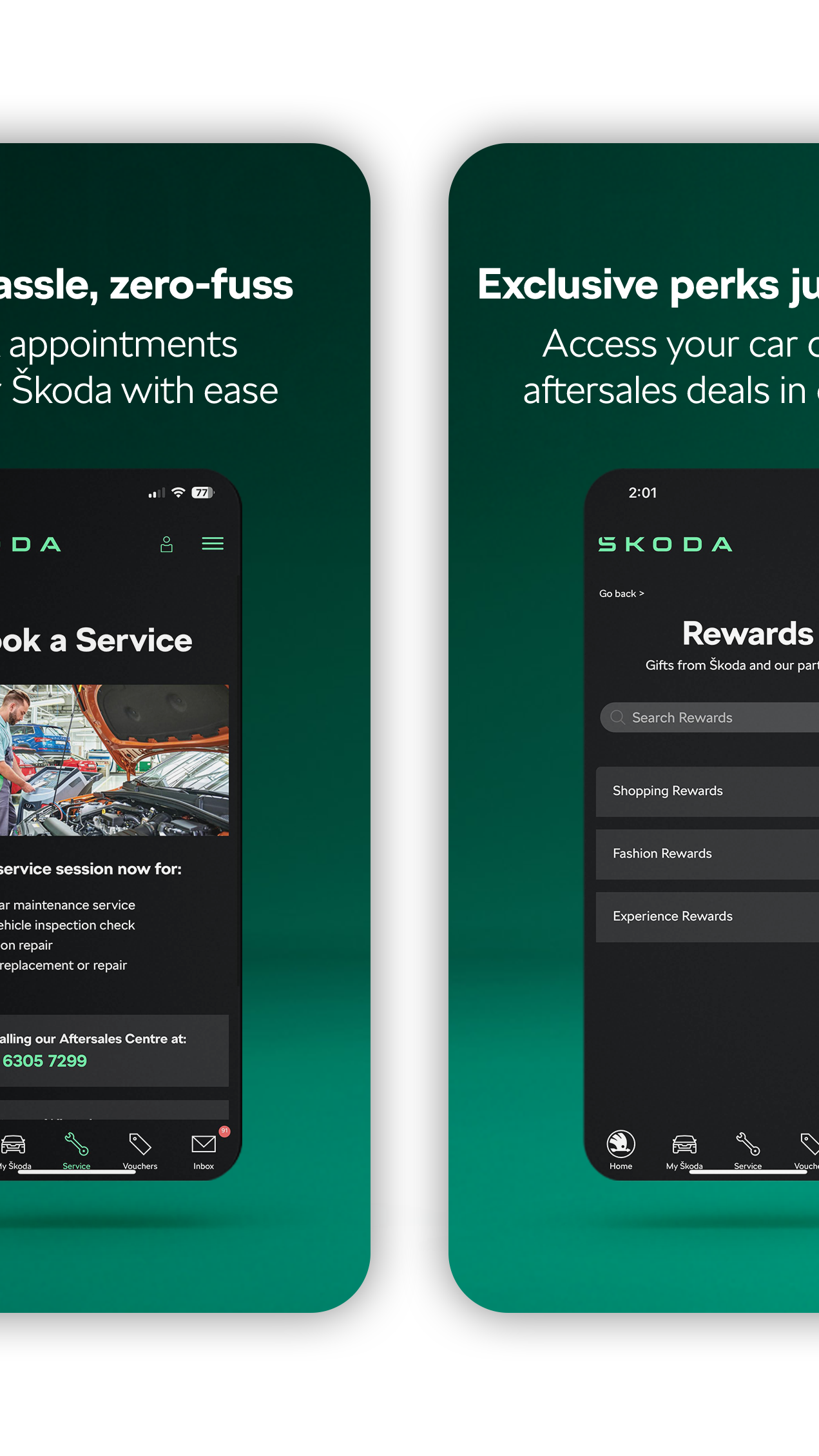 4 phones showing features of the Skoda Smart App, including Book A Service, Rewards and Perks, Vouchers and Garage Feature