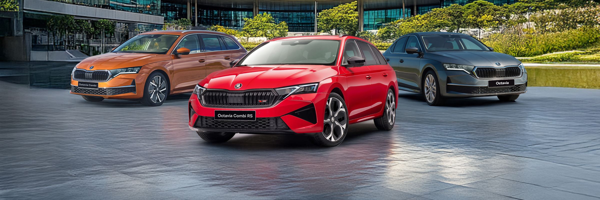 Skoda Octavia lineup from left to right - Octavia Combi, Octavia Combi RS, Octavia