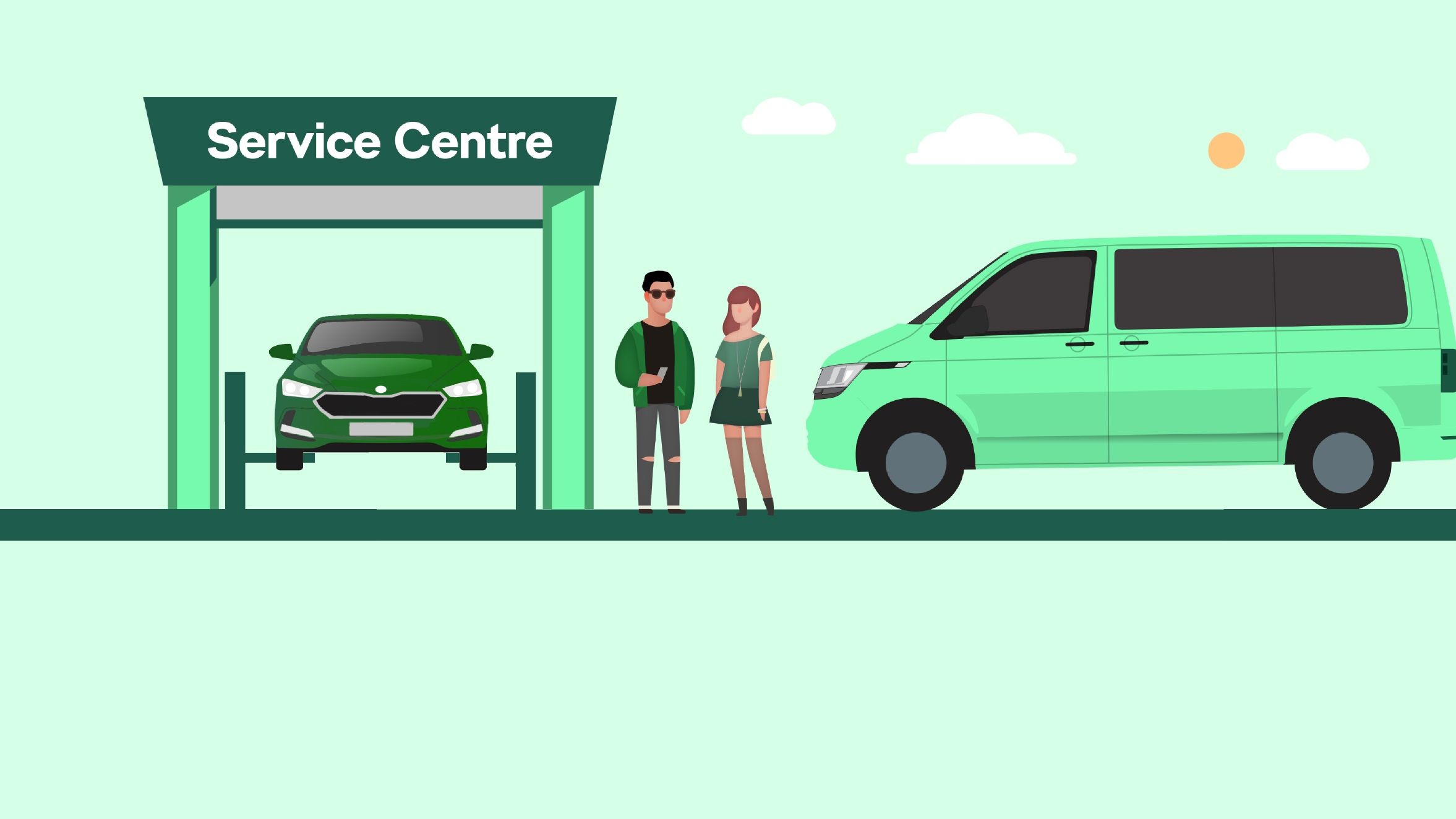 Illustration of people waiting for Skoda shuttle while their Skoda car is servicing