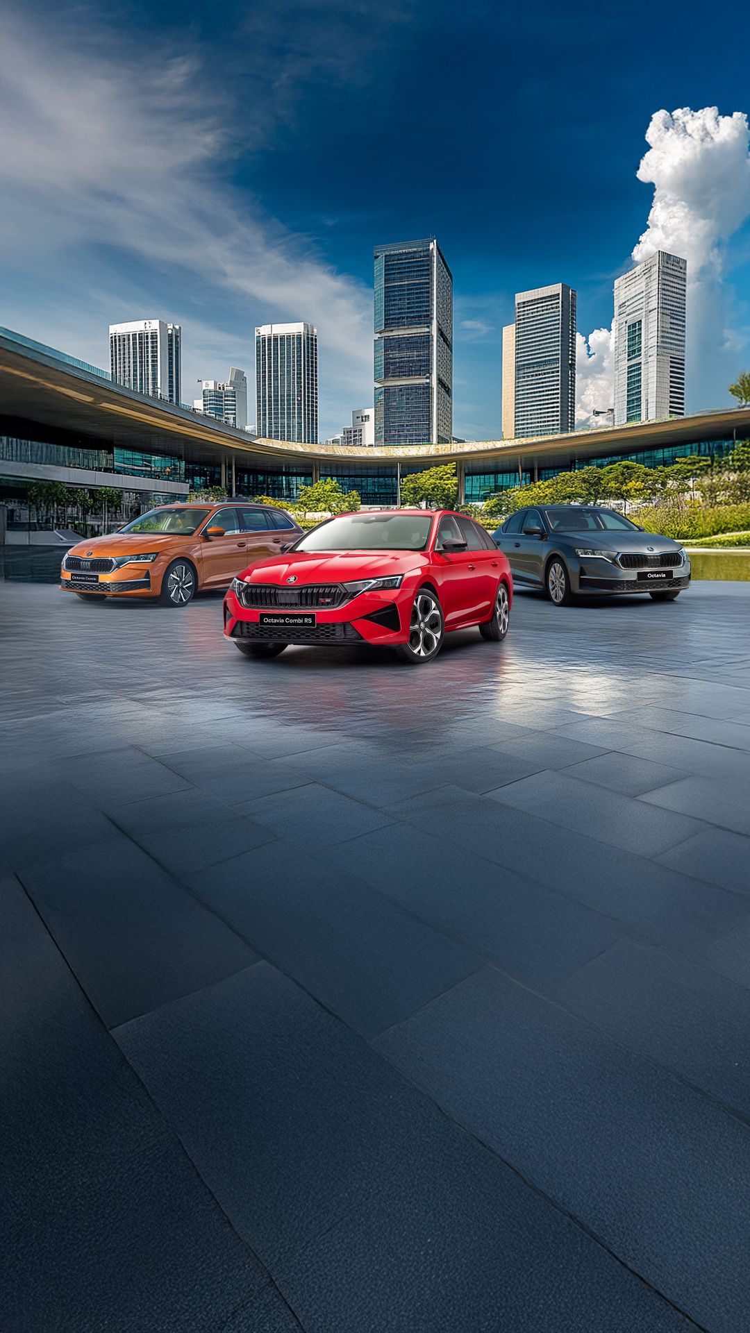 Skoda L:ineup from left to right - Octavia Combi, Octavia Combi RS, Octavia