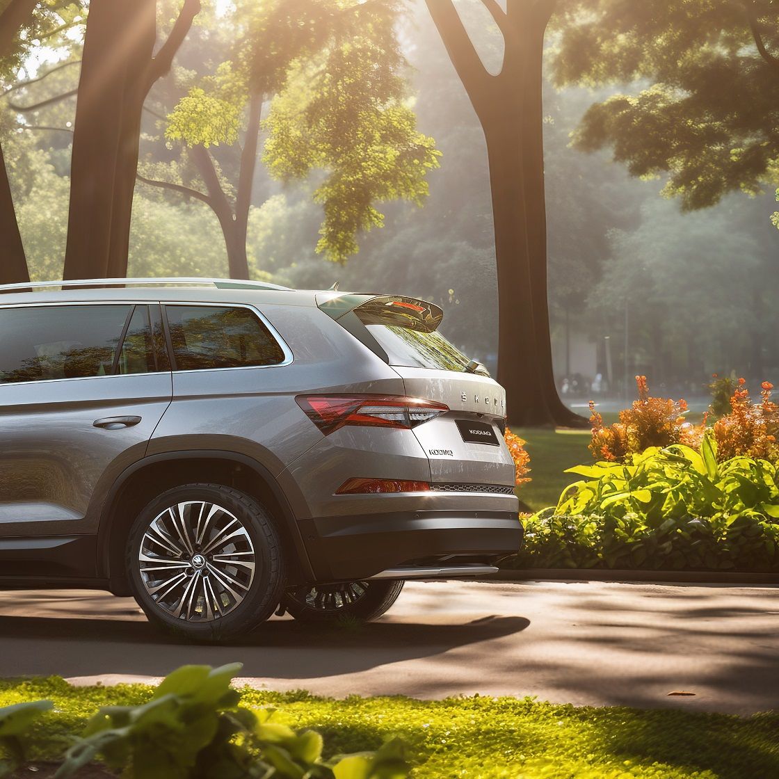 Skoda Kodiaq parked on a leafy street with sunlight filtering through tall trees. The car has a sleek and modern design. In the background, a garden with vibrant flowers is visible.