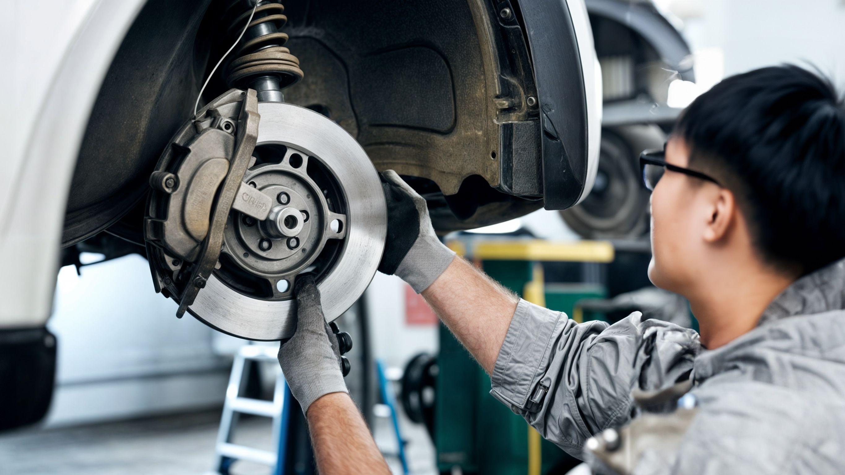 A Skoda repair member working on the brake system of the Skoda car