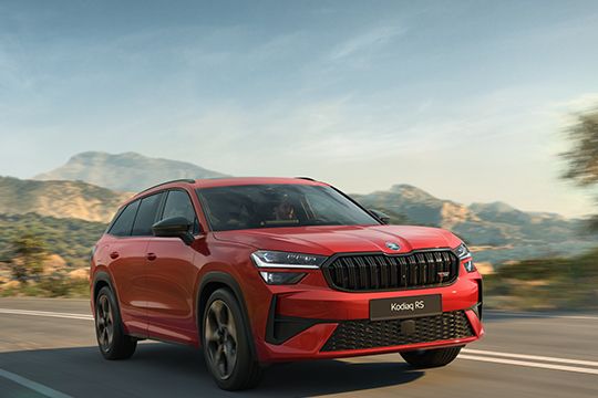 Dynamic shot of red Skoda Kodiaq RS 