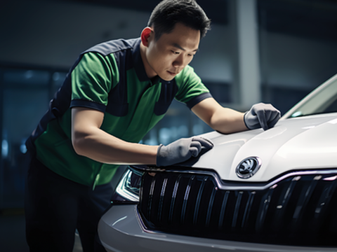 A Škoda technician wiping and checking the paintwork of a green Škoda