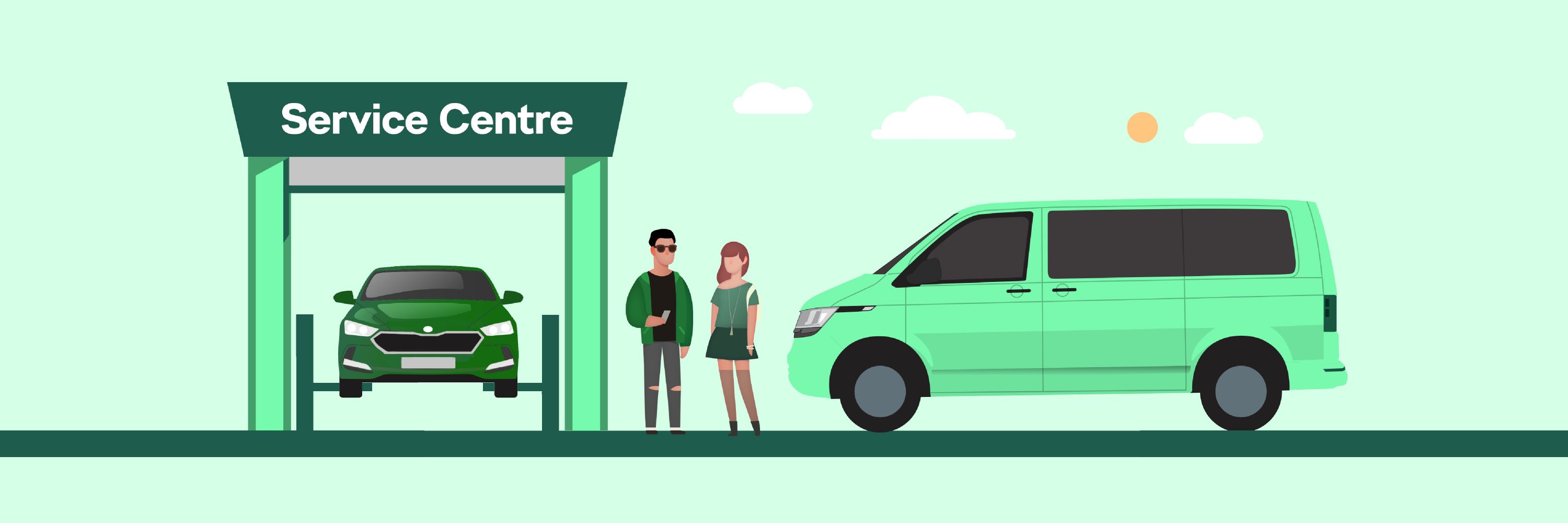 Illustration of people waiting for Skoda shuttle while their Skoda car is servicing